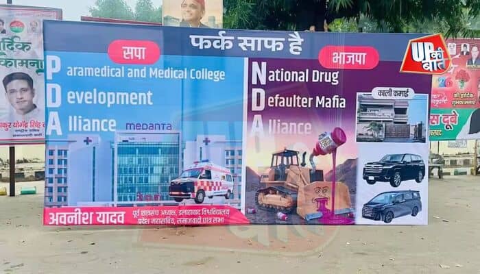 UP Politics: लखनऊ में सपा कार्यालय के बाहर विवादित पोस्टर, NDA को बताया ‘नेशनल ड्रग डिफॉल्टर माफिया’
