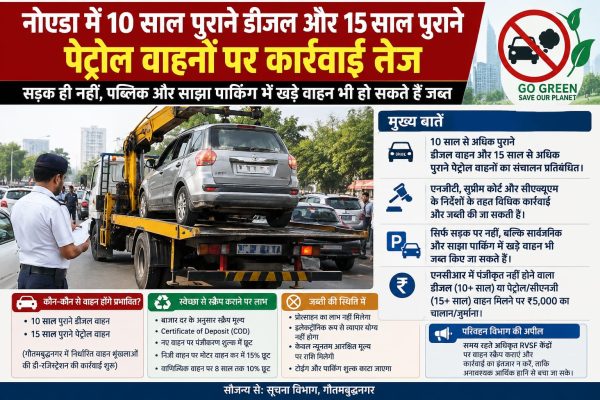 नोएडा में पुराने डीजल-पेट्रोल वाहनों पर कार्रवाई तेज, पार्किंग में खड़े वाहन भी हो सकते हैं जब्त