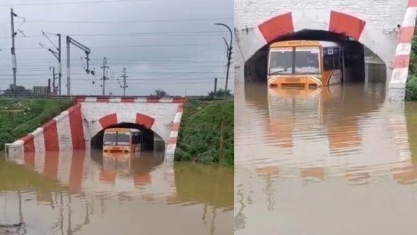 मिर्जापुर में बारिश का कहर! विंध्याचल रेलवे अंडरपास बना तालाब, पानी में फंसी रोडवेज बस