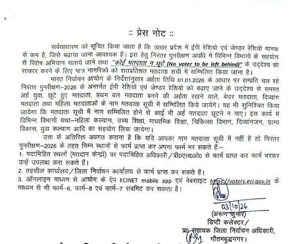 गौतमबुद्धनगर में मतदाता सूची को लेकर चलेगा विशेष अभियान